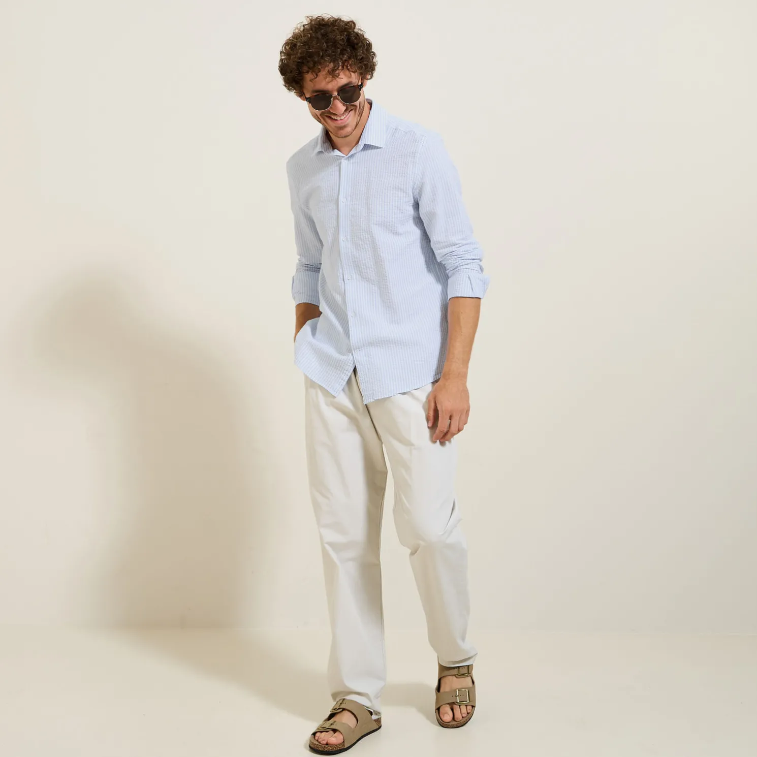 Gestreept overhemd in seersucker katoen