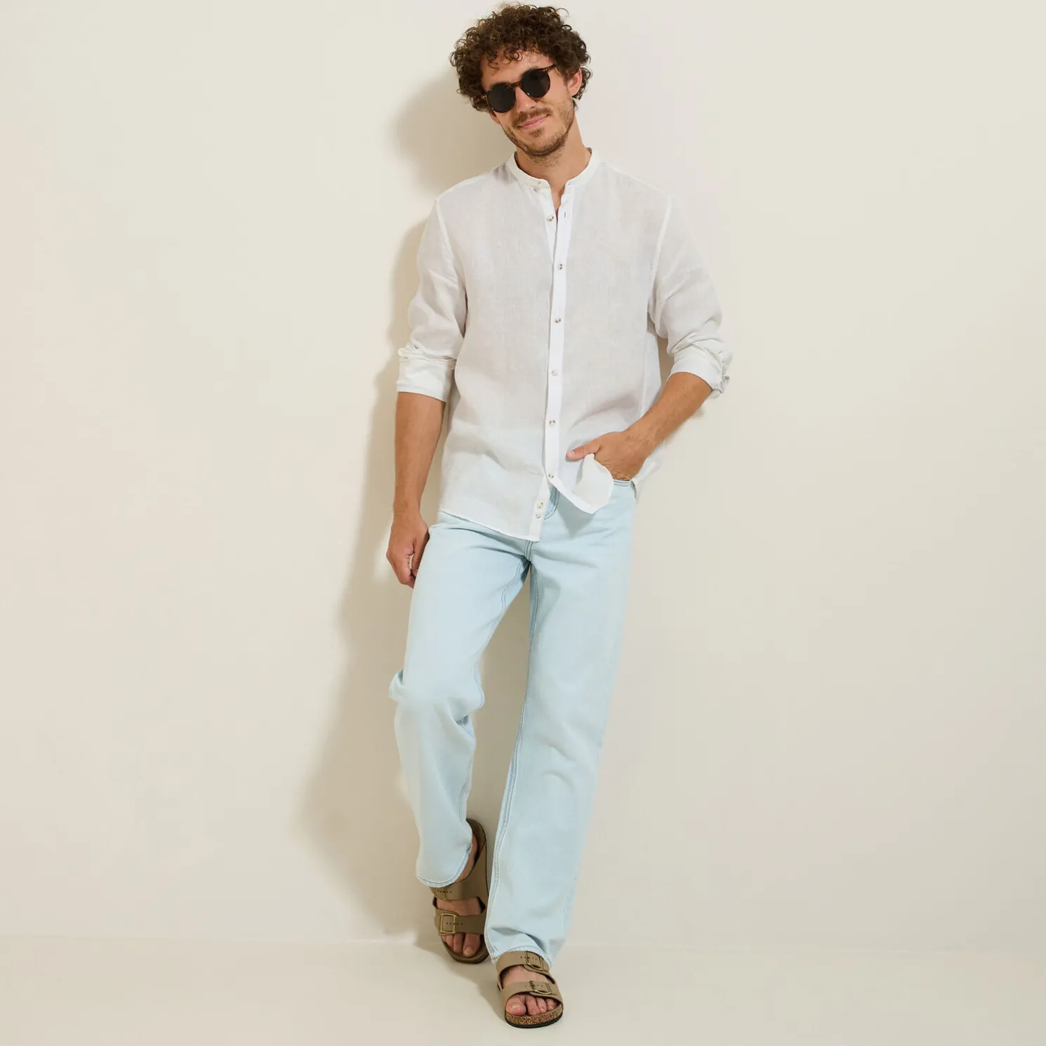 Regular effen hemd in linnen met mao-kraag