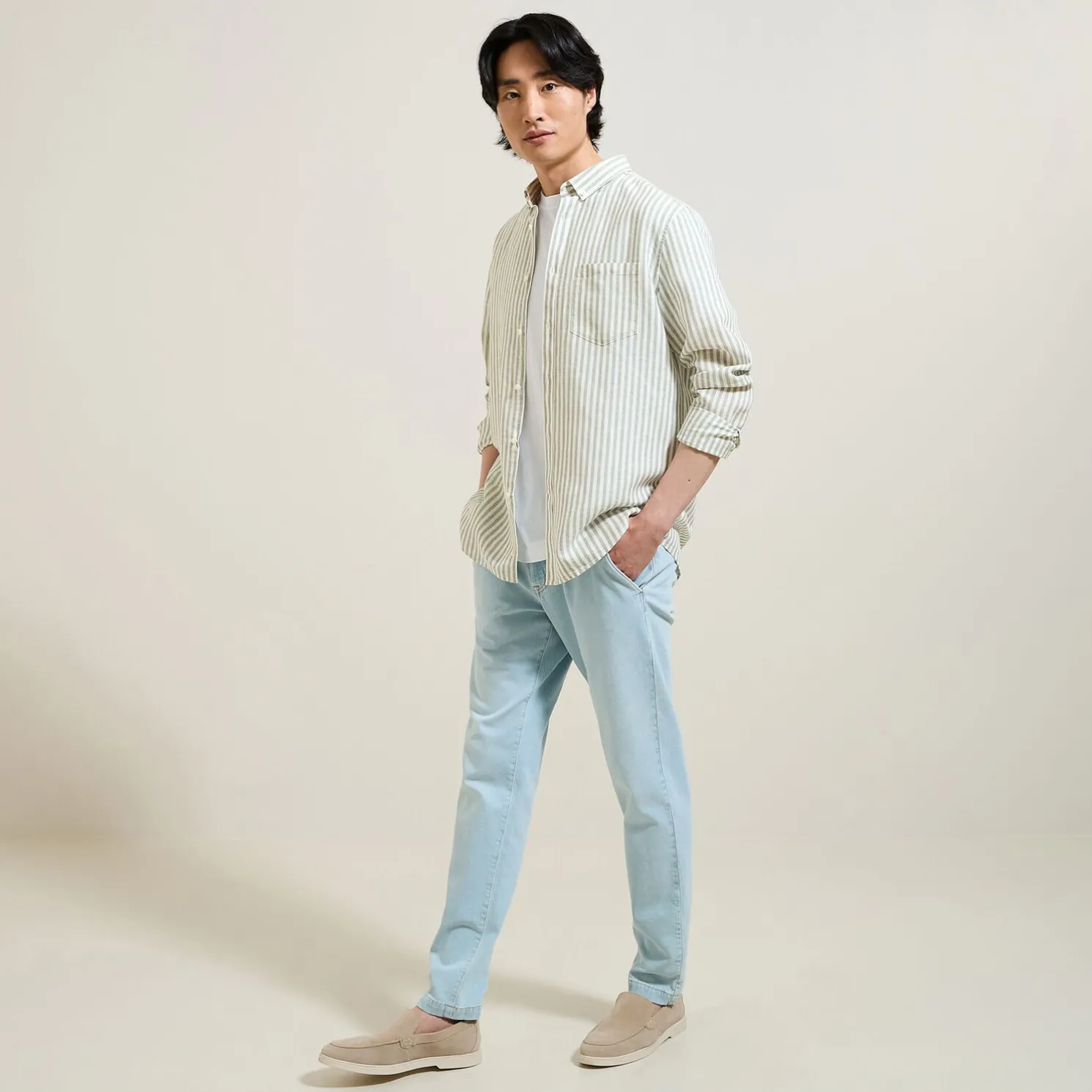 Regular gestreept hemd in katoen en linnen