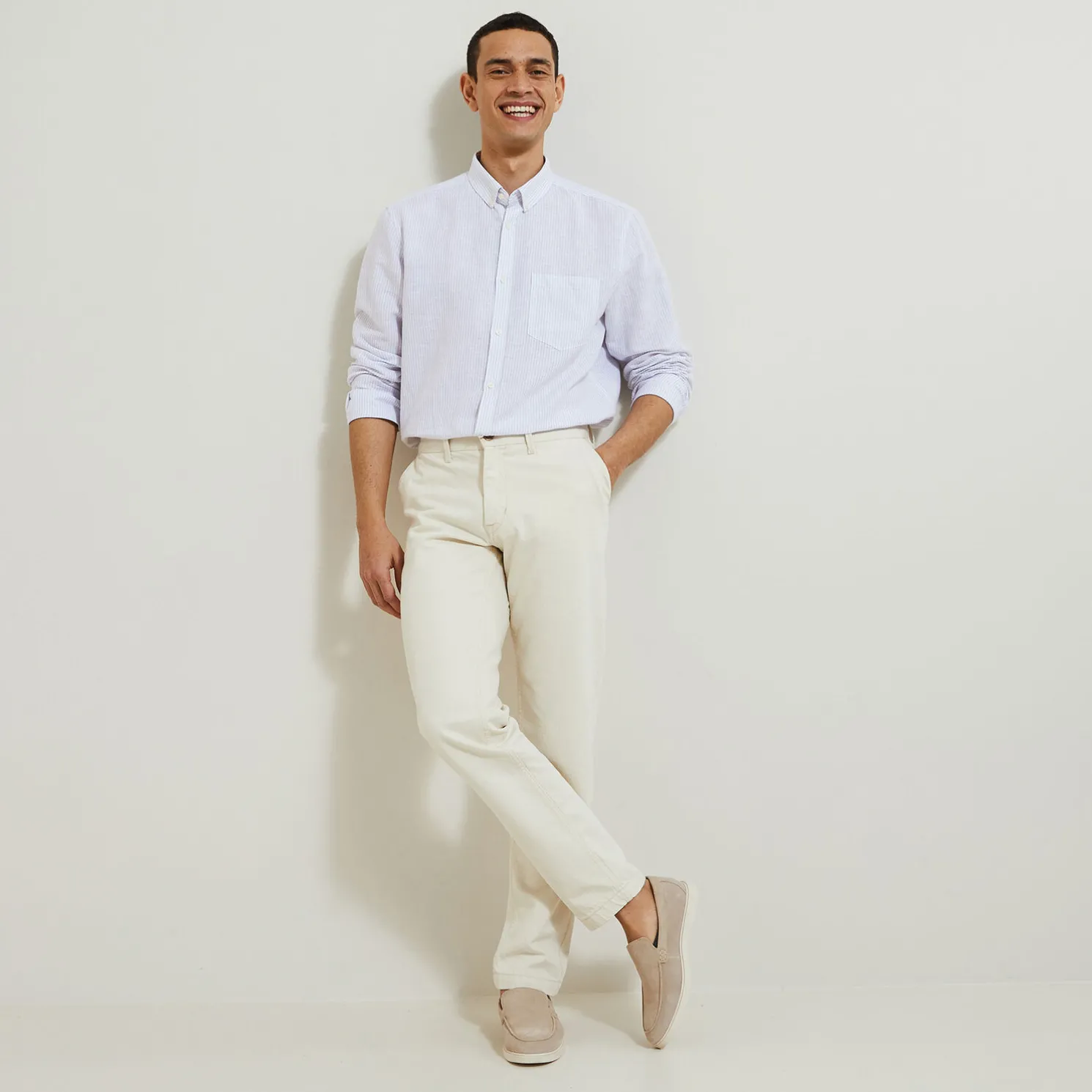 Regular gestreept hemd in katoen en linnen