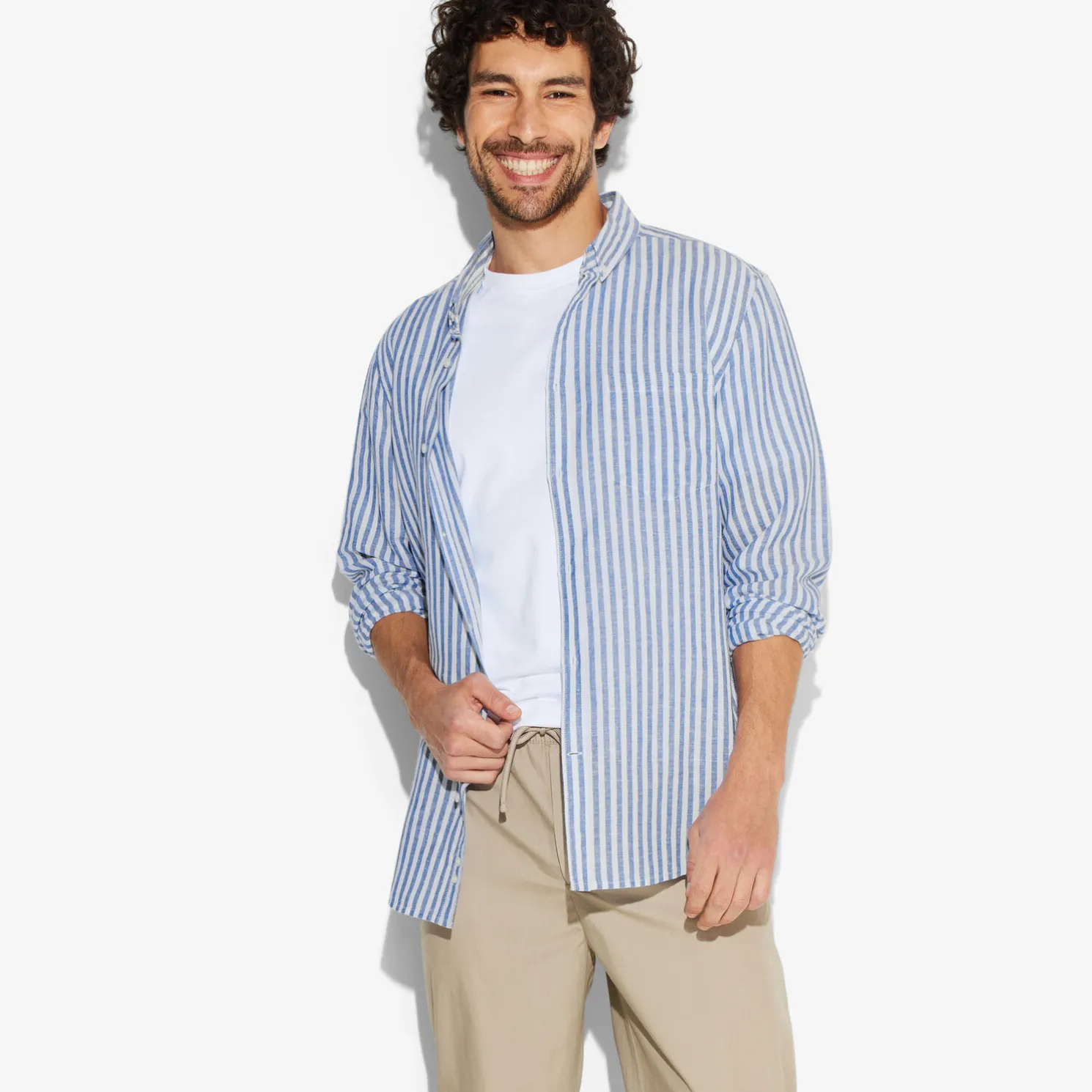 Regular gestreept hemd in katoen en linnen