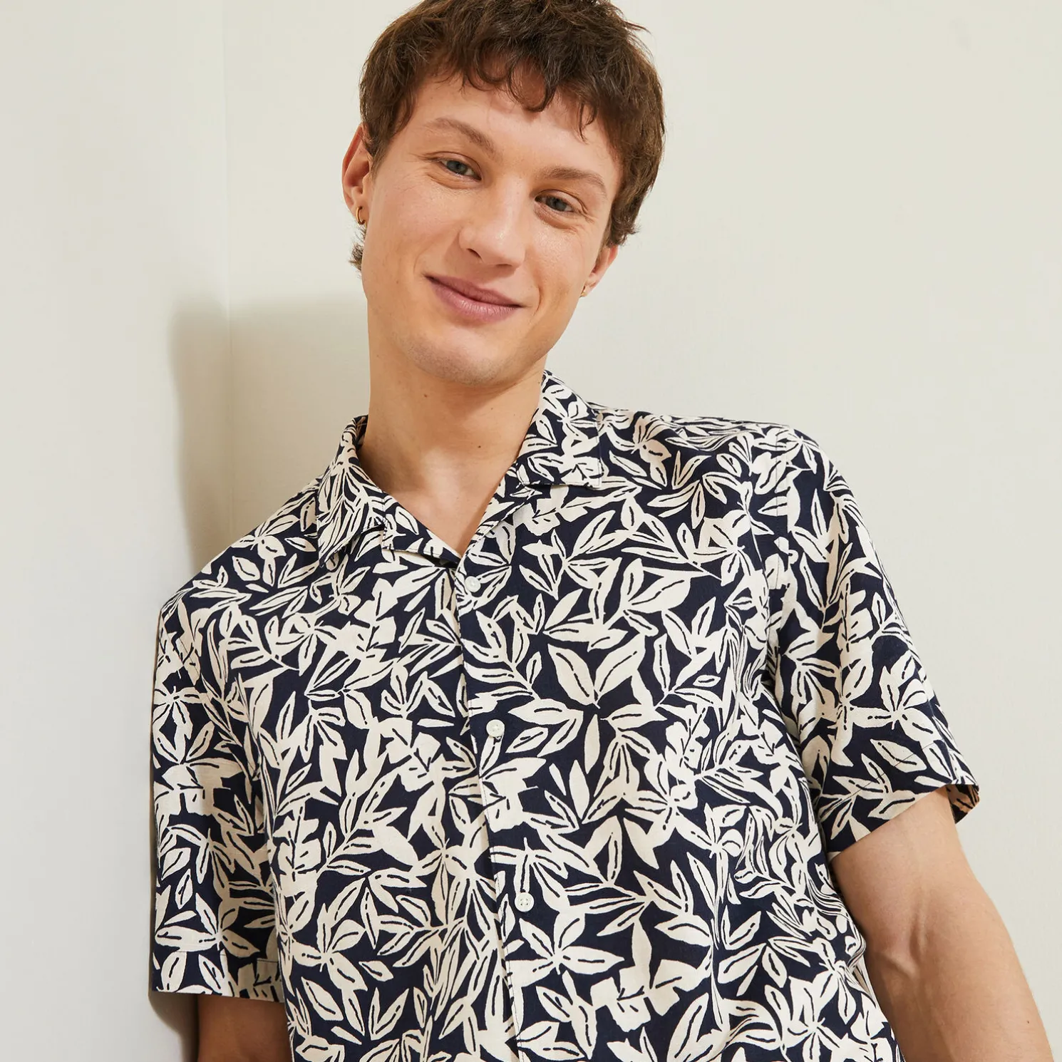 Regular hemdje met print in katoen en linnen