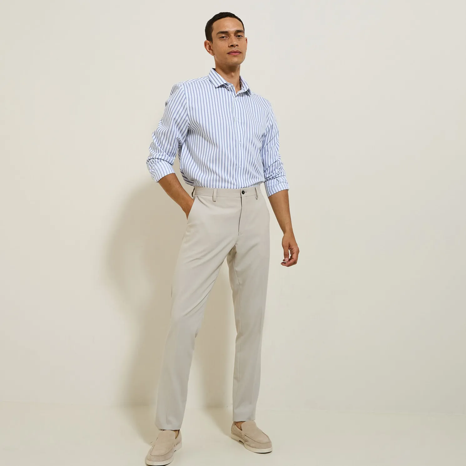 Slim fit gestreept katoenen overhemd, strijkvrij