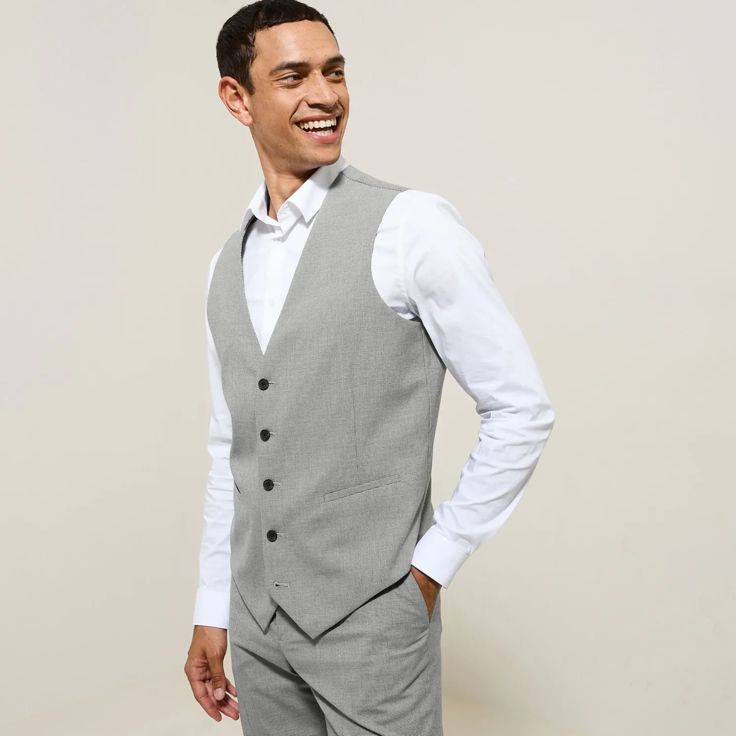 Slim kostuumgilet met pied-de-puce-motief