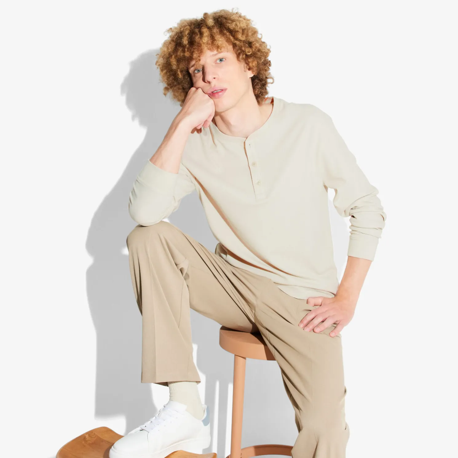 T-shirt met Tunesische kraag in wafelstof