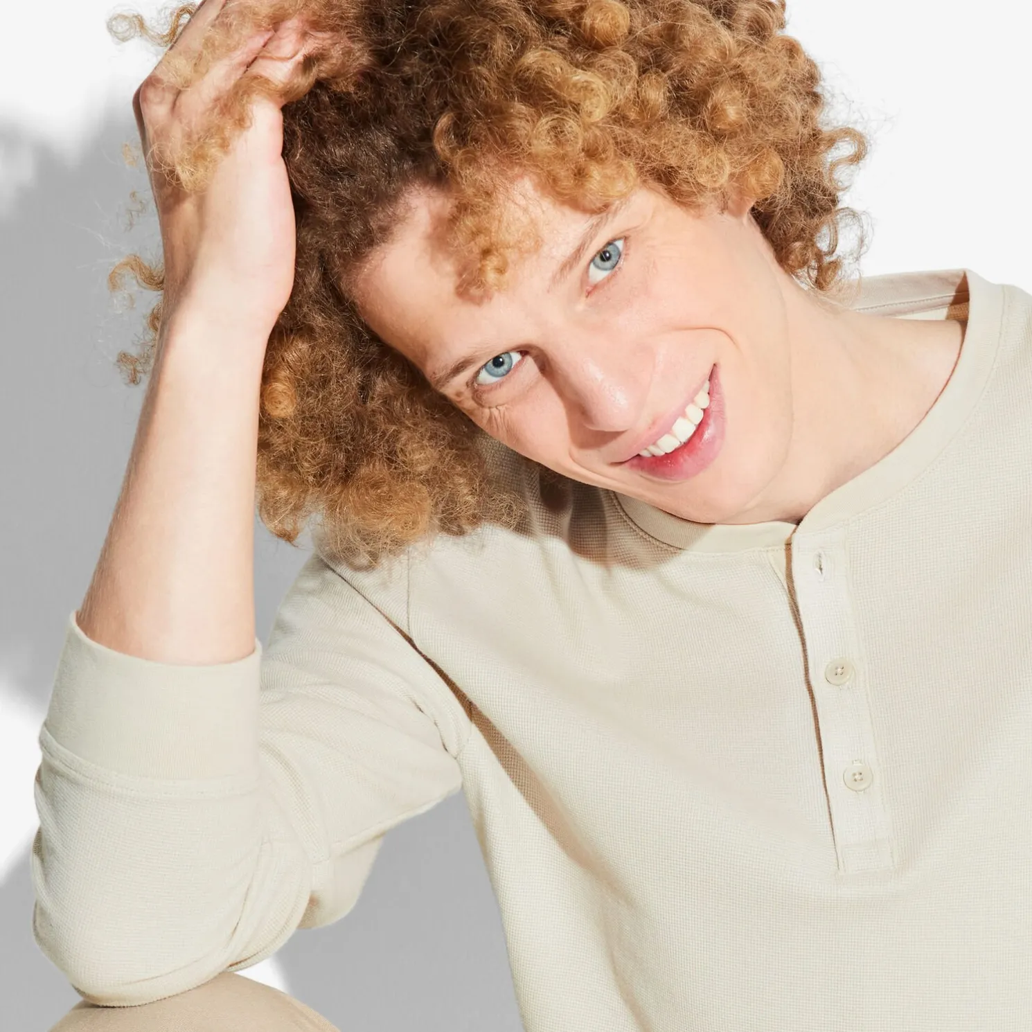 T-shirt met Tunesische kraag in wafelstof