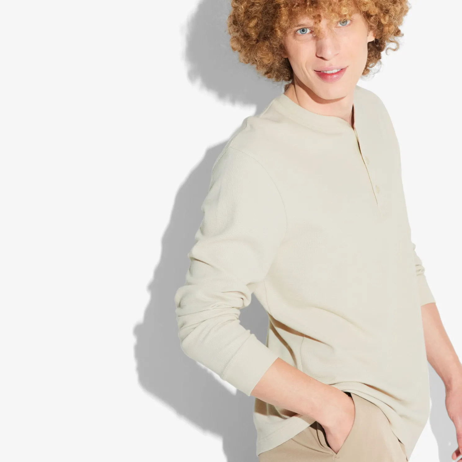 T-shirt met Tunesische kraag in wafelstof