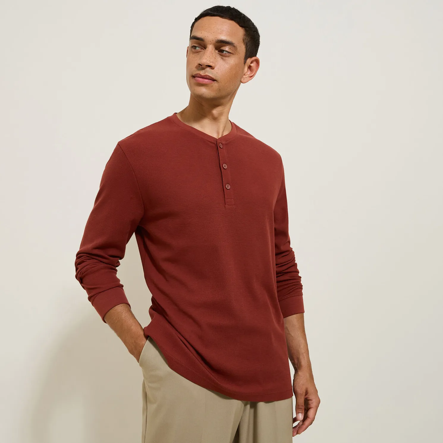 T-shirt met Tunesische kraag in wafelstof