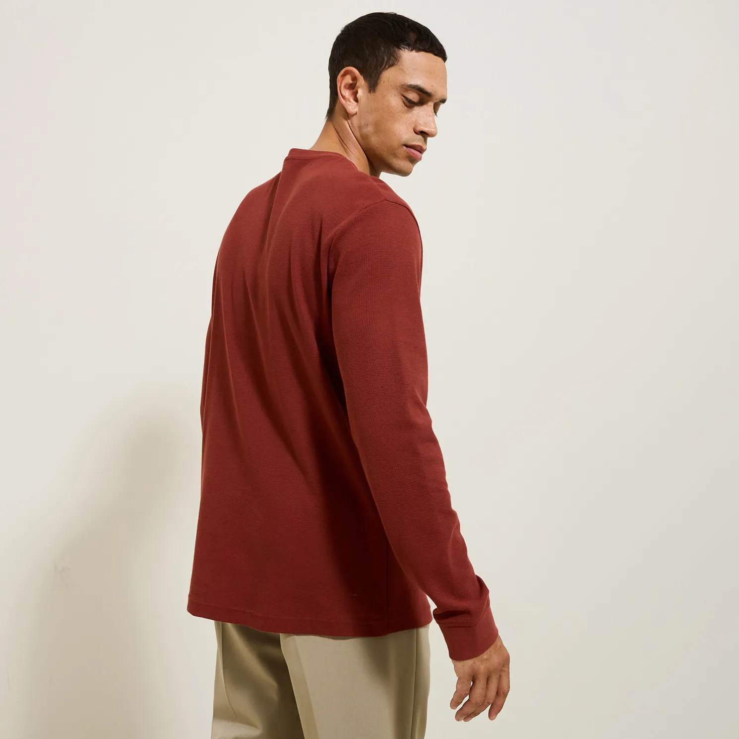 T-shirt met Tunesische kraag in wafelstof