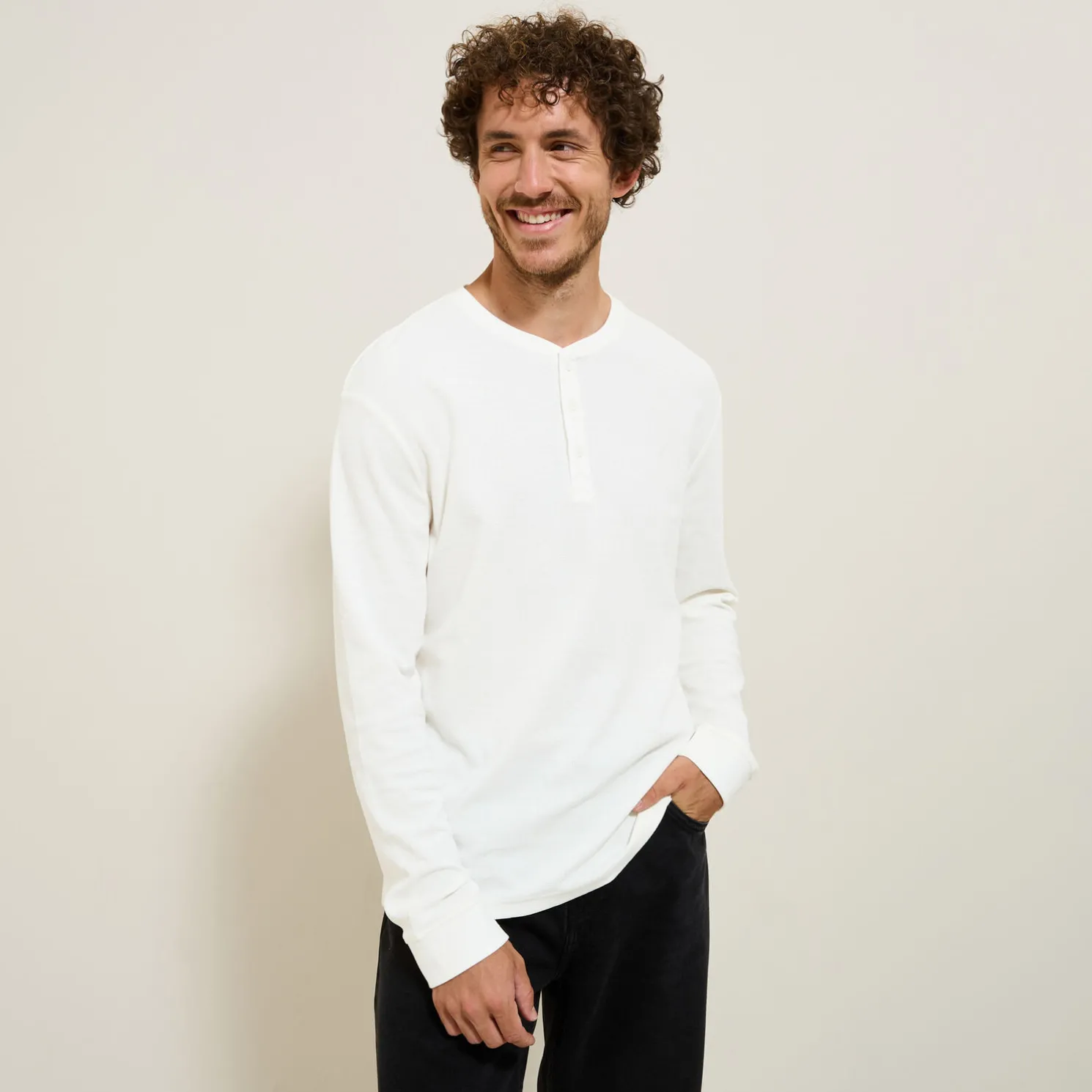 T-shirt met Tunesische kraag in wafelstof