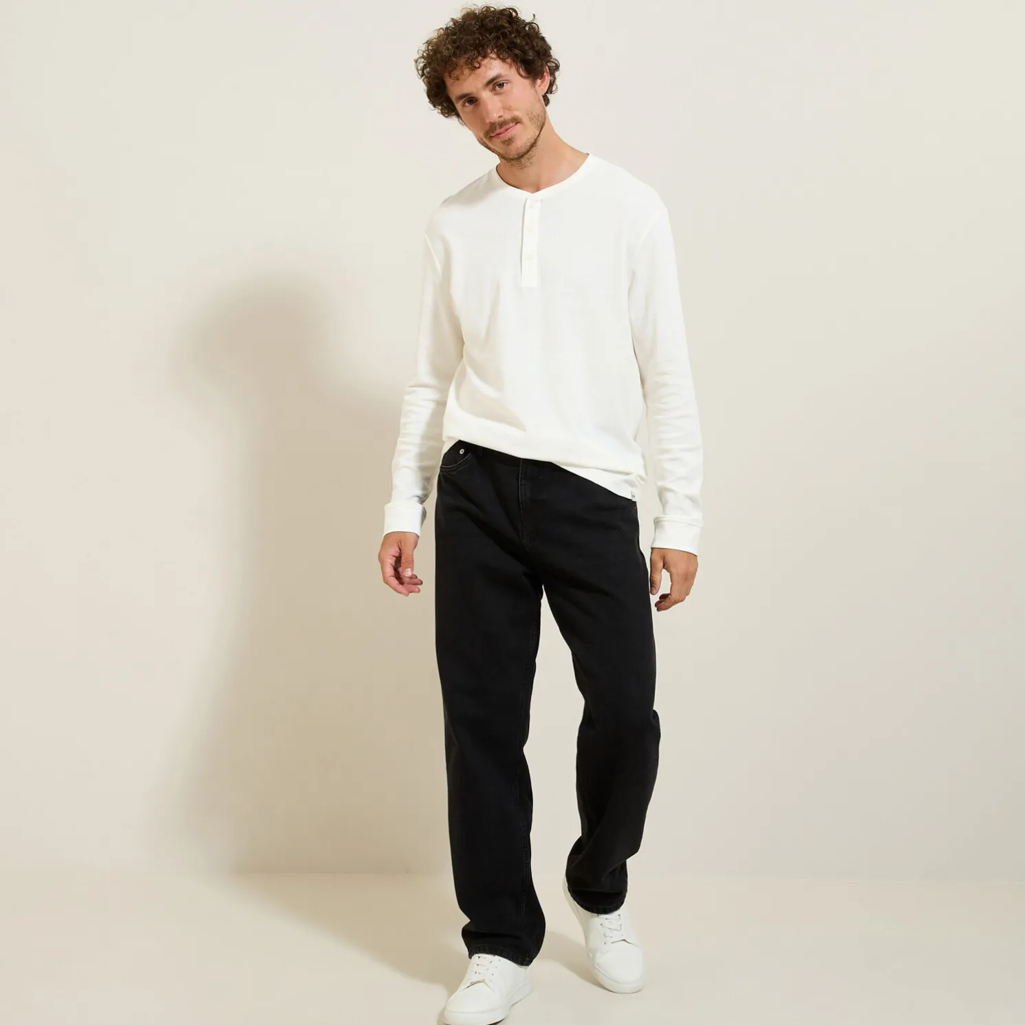 T-shirt met Tunesische kraag in wafelstof