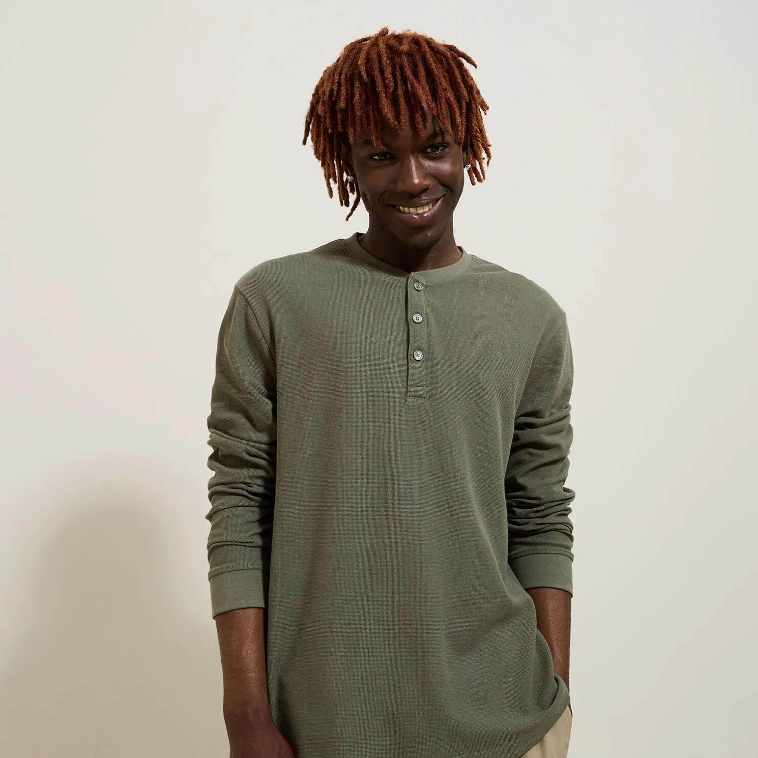 T-shirt met Tunesische kraag in wafelstof