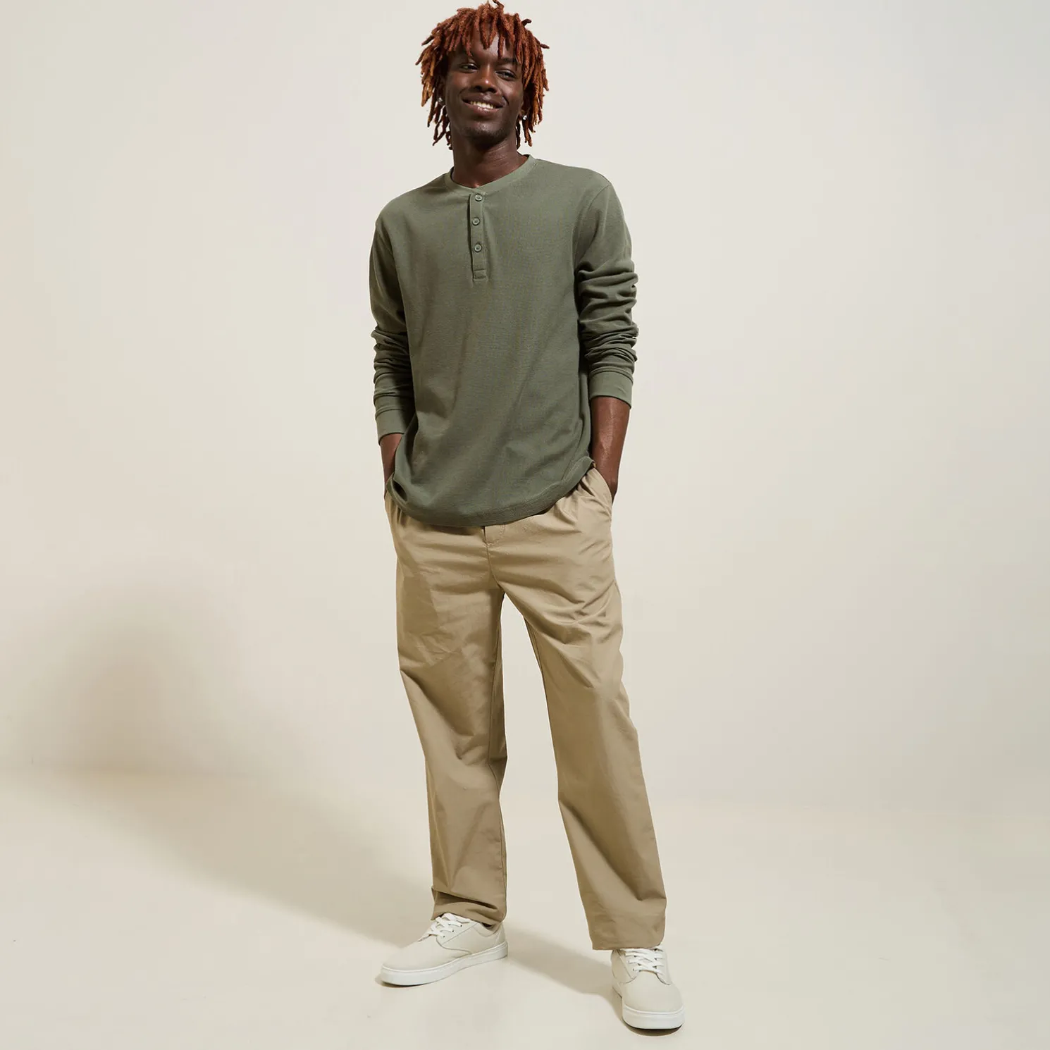 T-shirt met Tunesische kraag in wafelstof