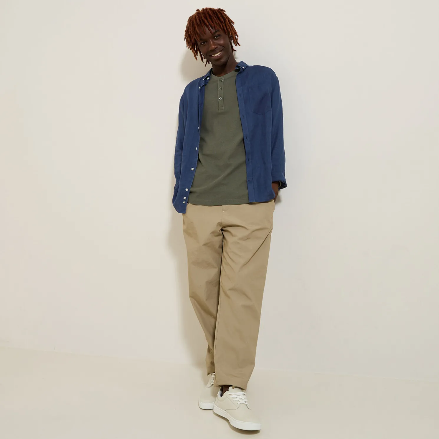 T-shirt met Tunesische kraag in wafelstof